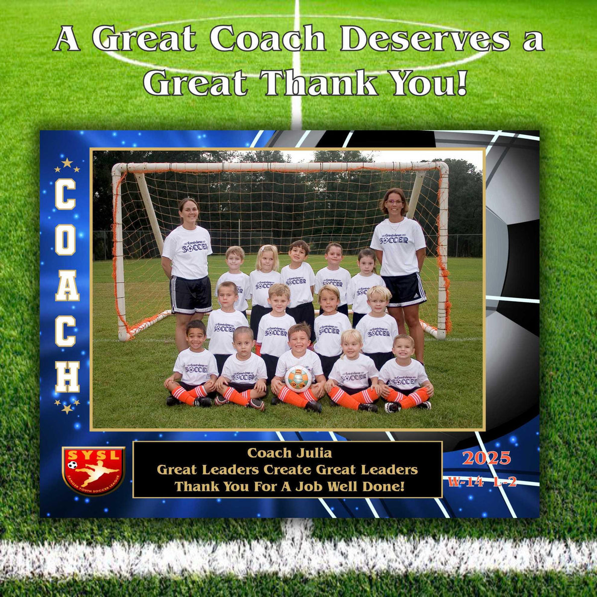 Soccer sponsor recognition plaque customized with team photo and logo