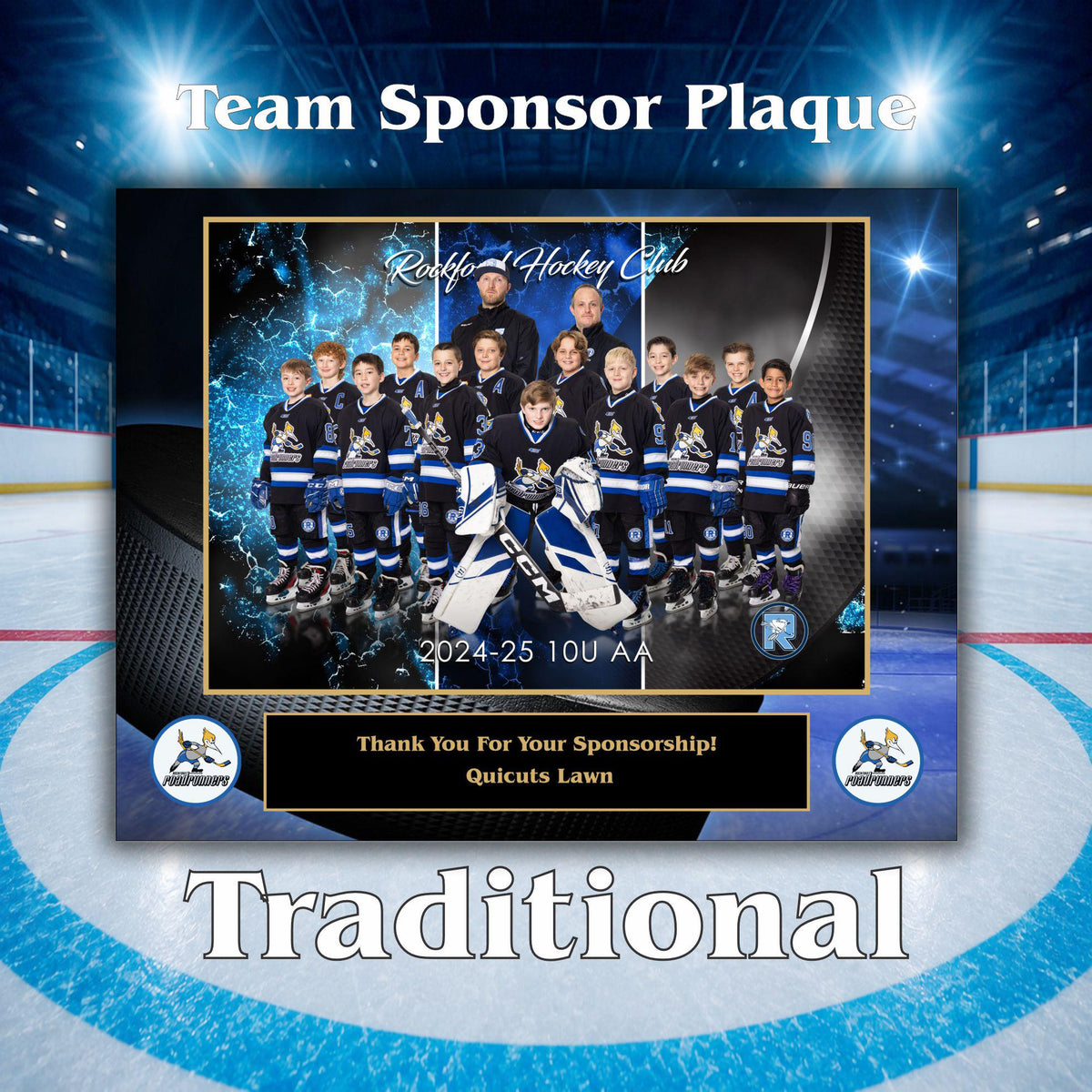 Personalized hockey team sponsor plaque with custom photo design