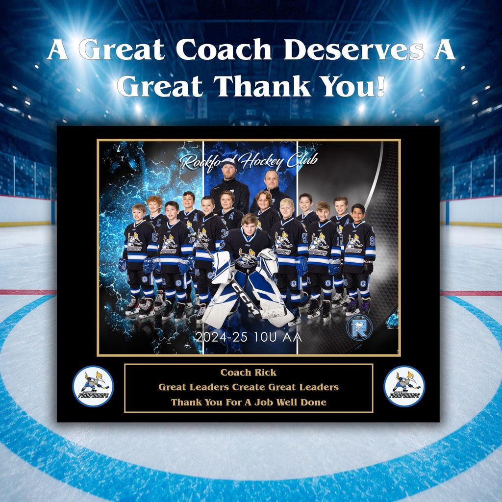 Hockey sponsor recognition plaque customized with team photo and logo