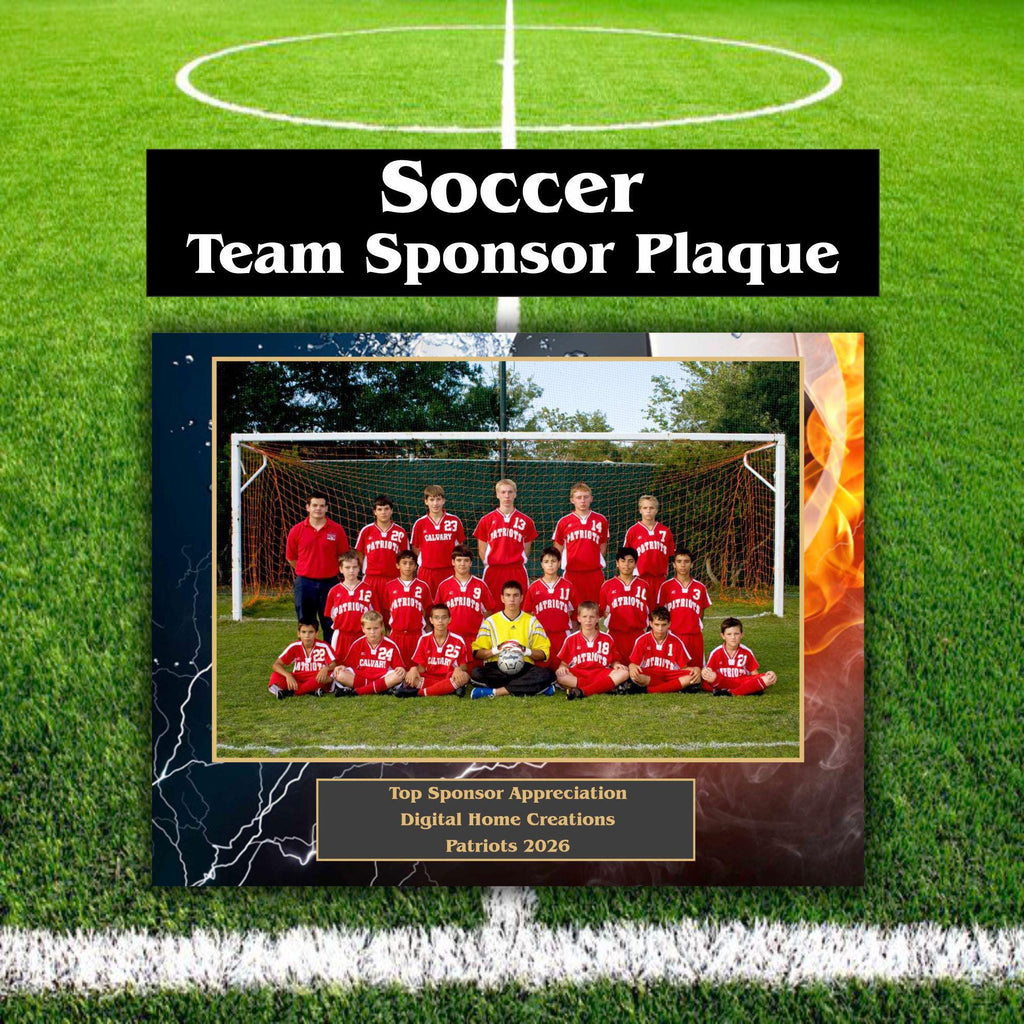 Custom soccer sponsor plaque with team photo, sponsor logo and personalized text