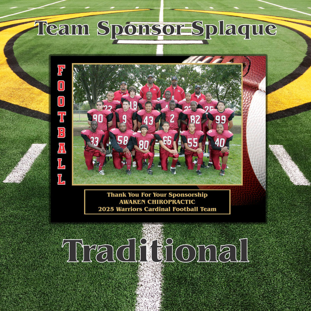 Custom football team sponsor plaque example with photo and sponsor recognition