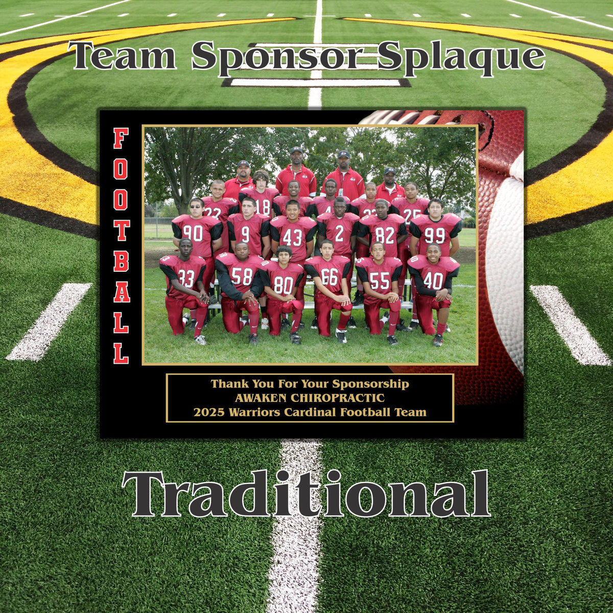 Custom football team sponsor plaque example with photo and sponsor recognition