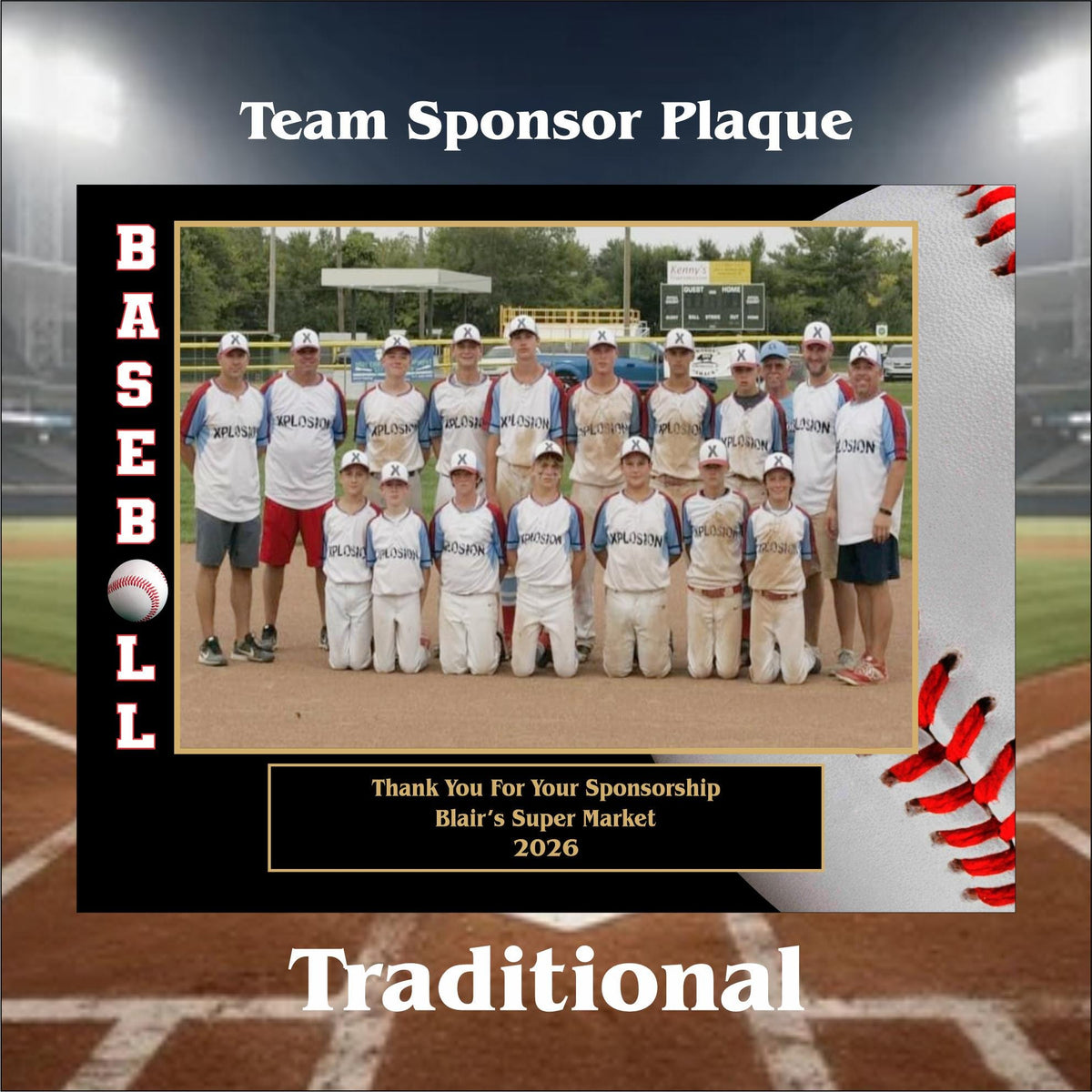 Personalized baseball team sponsor plaque with custom photo design