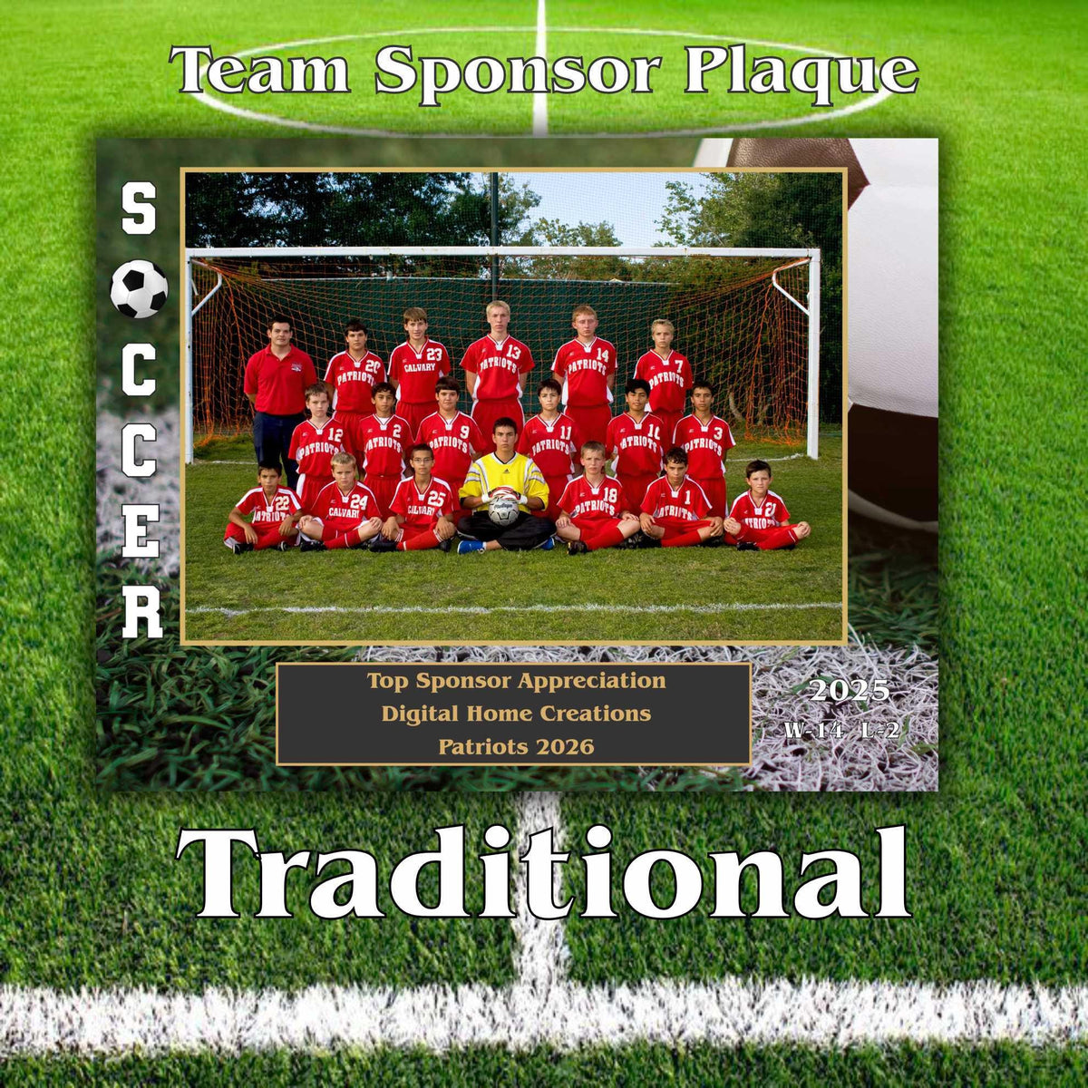 Personalized soccer team sponsor plaque with custom photo design